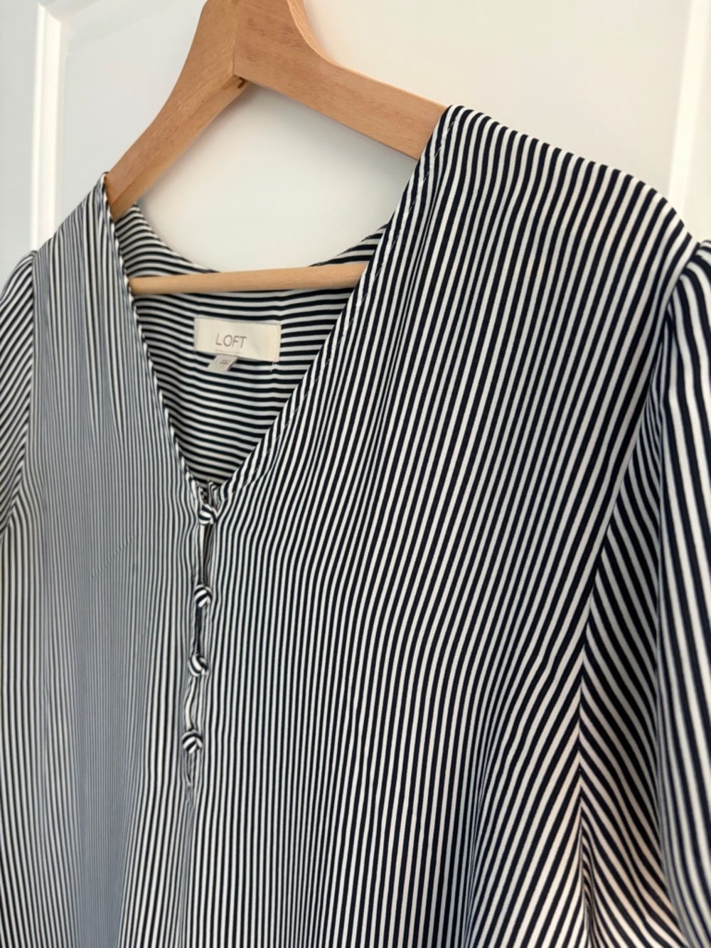 LOFT Navy and White Narrow Stripe Button-Front V-Neck Blouse